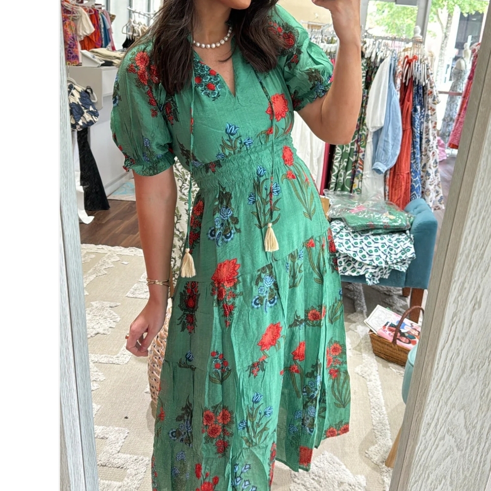 THML Green Floral Tiered Maxi Dress with Tassel Detail - Picture 3 of 7